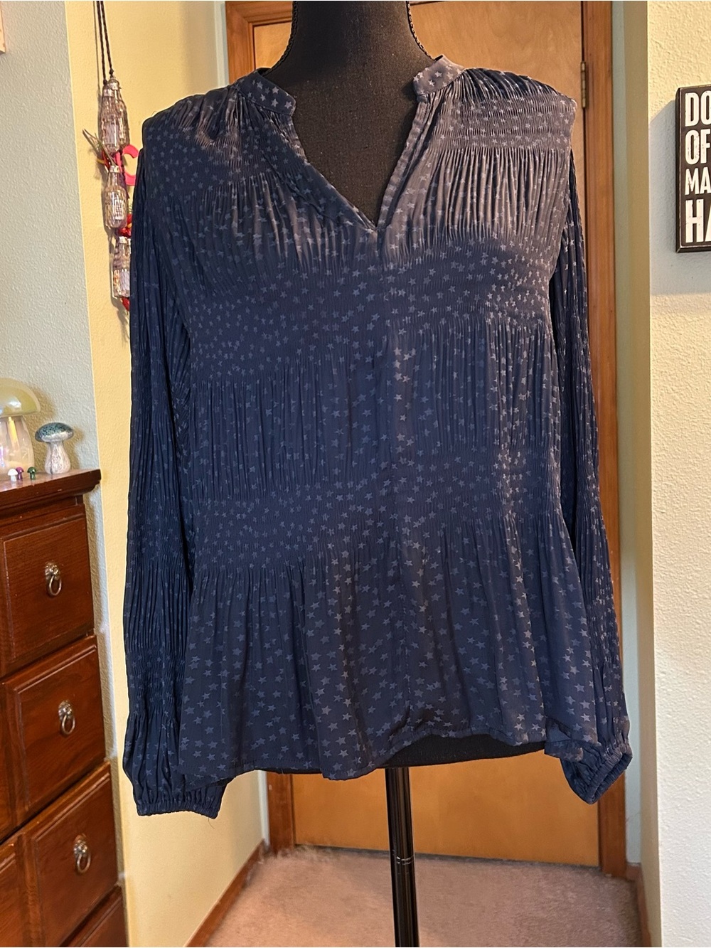 Current Air Anthropologie navy stars long sleeve loose fit micro pleat blouse XS